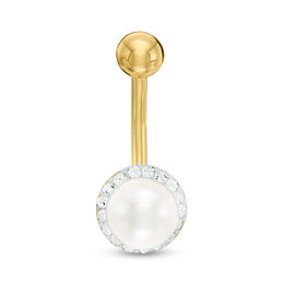014 Gauge 6mm Freshwater Cultured Pearl and Crystal Frame Belly Button Ring in 10K Gold