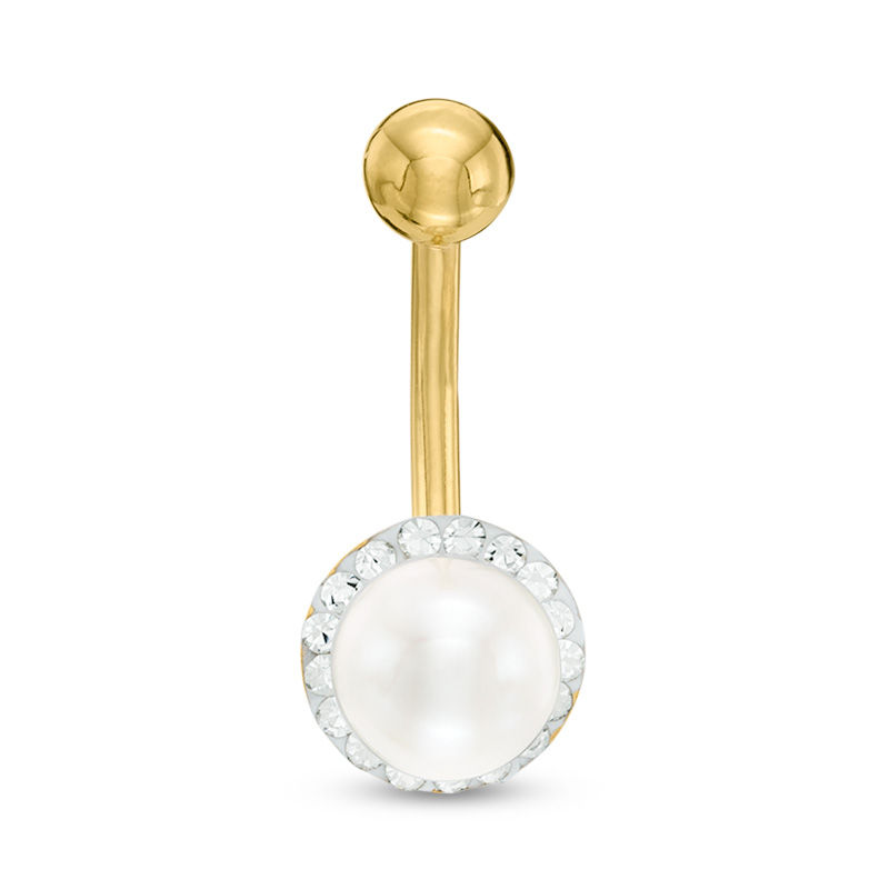Main Image 1 of 014 Gauge 6mm Freshwater Cultured Pearl and Crystal Frame Belly Button Ring in 10K Gold