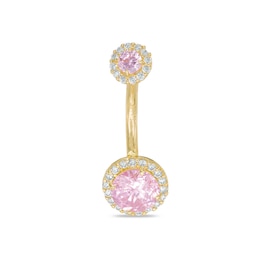 10K Solid Gold Pink and White CZ Frame Belly Button Ring - 14G 3/8&quot;