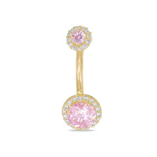 10K Solid Gold Pink and White CZ Frame Belly Button Ring