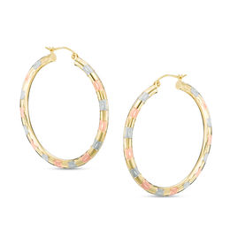 40mm Diamond-Cut Stripe Hoop Earrings in 10K Tube Hollow Tri-Tone Gold