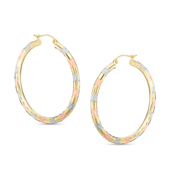 40mm Diamond-Cut Stripe Hoop Earrings in 10K Tube Hollow Tri-Tone Gold