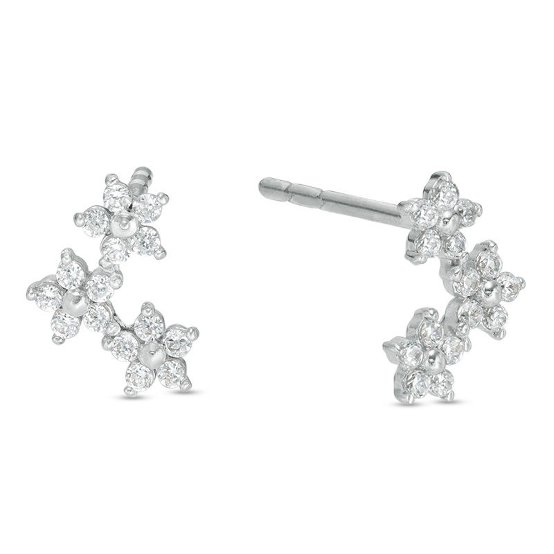 Cubic Zirconia Triple Flower Drop Earrings in 10K White Gold