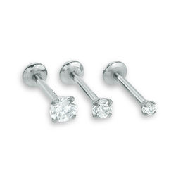 016 Gauge Cubic Zirconia Three Piece Labret Set in Stainless Steel Solid and Tube