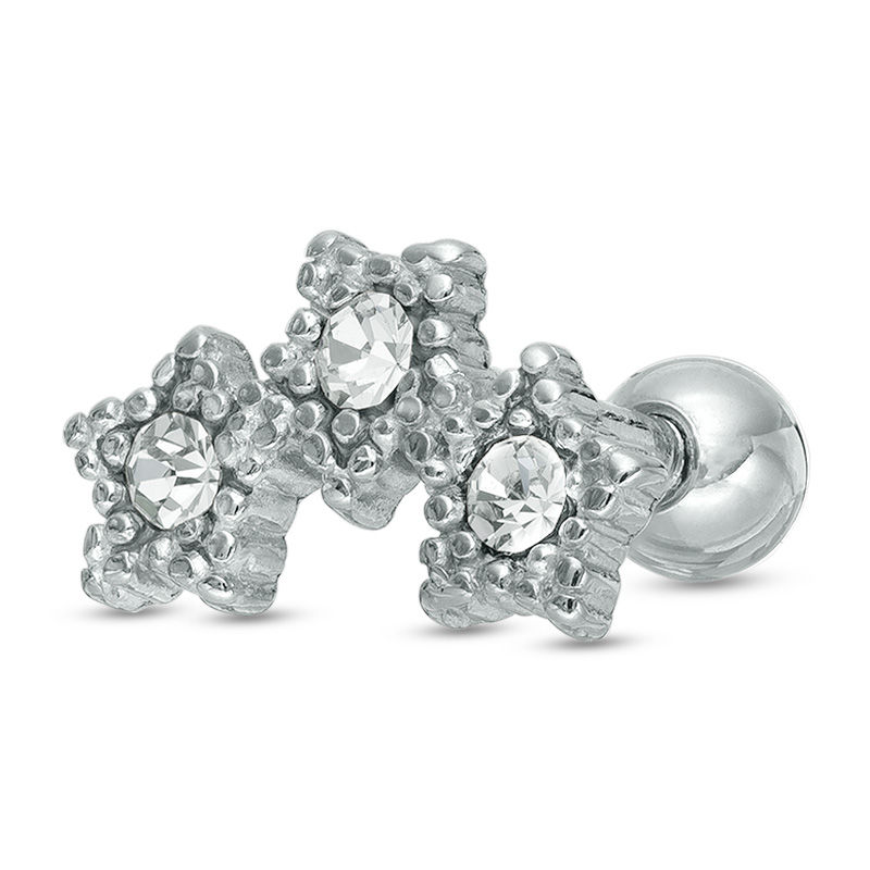 018 Gauge Crystal Three Star Cartilage Barbell in Stainless Steel