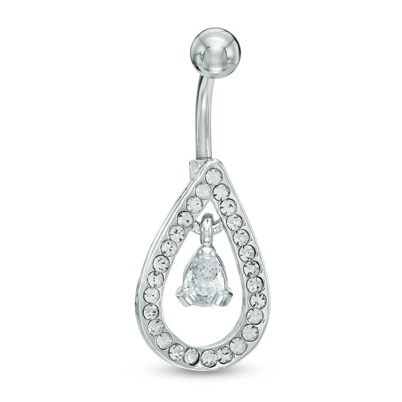 014 Gauge Pear-Shaped Cubic Zirconia Dangle and Crystal Teardrop Belly Button Ring in Stainless Steel
