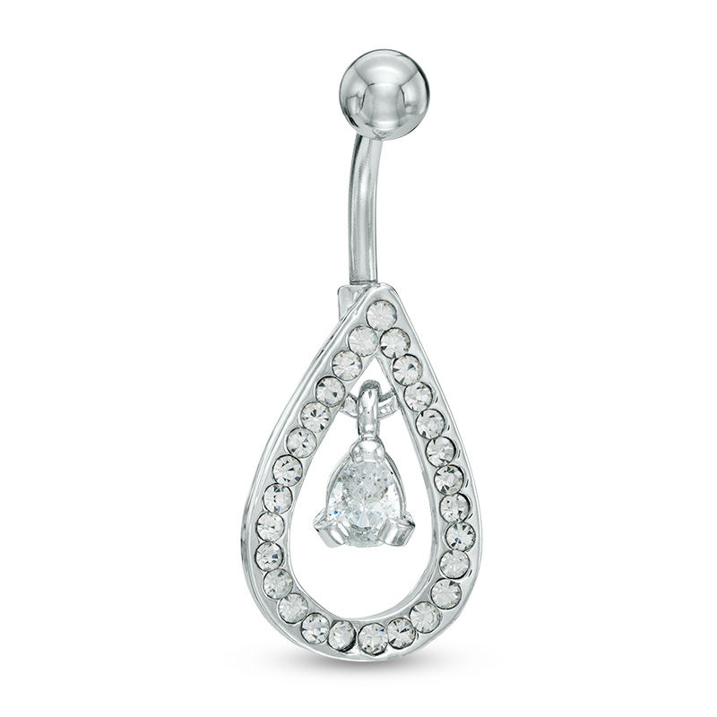 Main Image 1 of 014 Gauge Pear-Shaped Cubic Zirconia Dangle and Crystal Teardrop Belly Button Ring in Stainless Steel