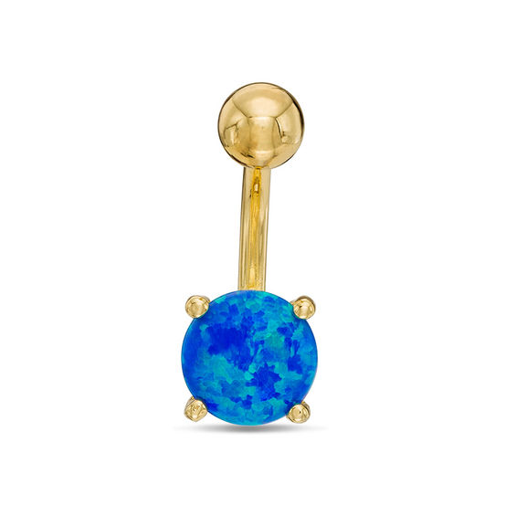 Yellow Ion Plated Lab Created Blue Opal Belly Button Ring 14G 3