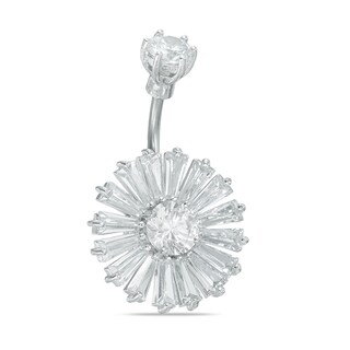014 Gauge Baguette Cubic Zirconia Flower Belly Button Ring in Stainless Steel