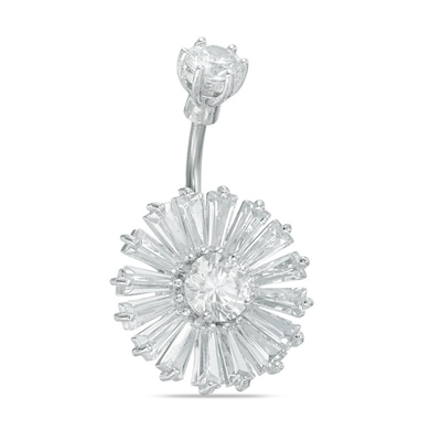 014 Gauge Baguette Cubic Zirconia Flower Belly Button Ring in Stainless Steel