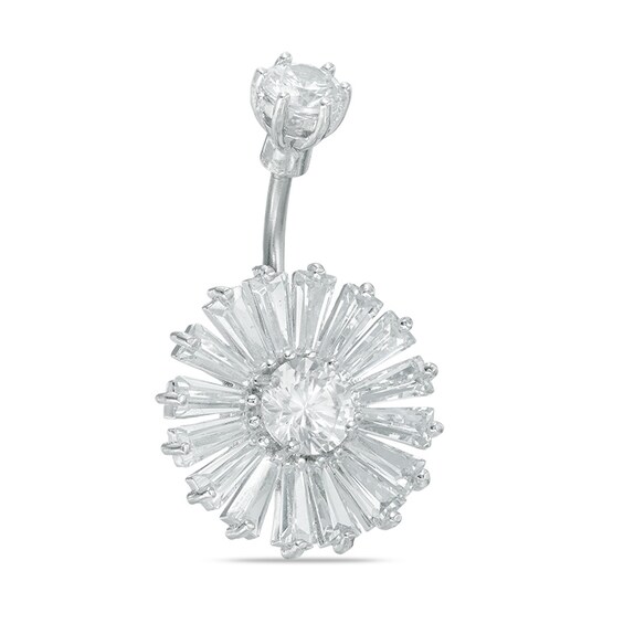 014 Gauge Baguette Cubic Zirconia Flower Belly Button Ring in Stainless Steel
