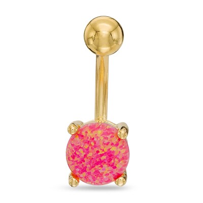 Stainless Steel with Yellow IP Lab-Created Pink Opal Belly Button Ring - 14G 3/8"