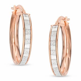 Made in Italy Oval Glitter Stripe Enamel Hoop Earrings in 10K Rose Gold