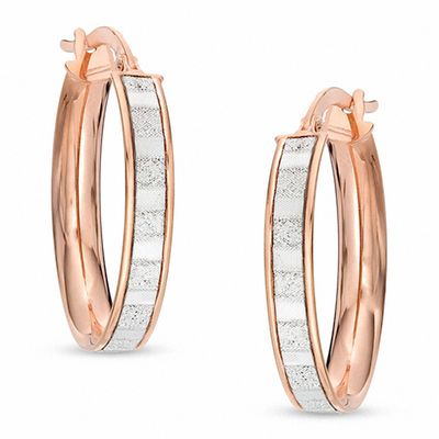 Made in Italy Oval Glitter Stripe Enamel Hoop Earrings in 10K Rose Gold