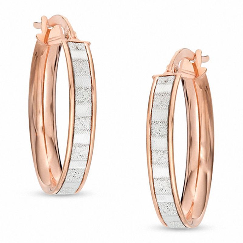Made in Italy Oval Glitter Stripe Enamel Hoop Earrings in 10K Rose Gold