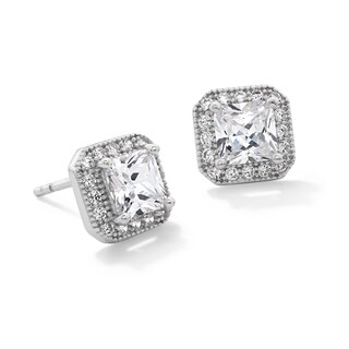 Solid Sterling Silver 4mm Princess-Cut CZ Vintage-Style Frame Studs