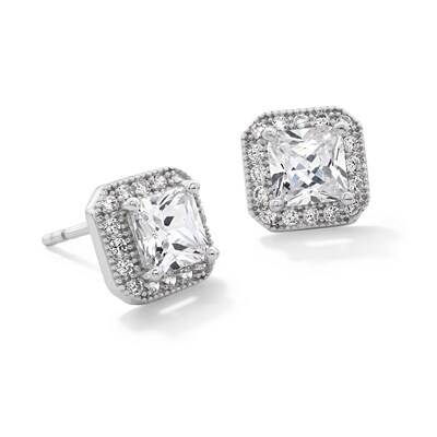 Solid Sterling Silver 4mm Princess-Cut CZ Vintage-Style Frame Studs