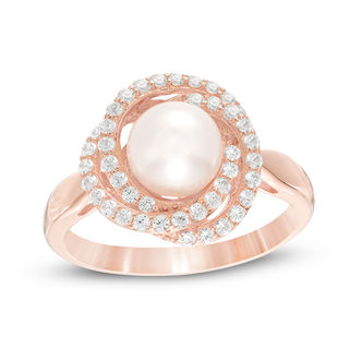 Freshwater Cultured Pearl and Lab-Created White Sapphire Frame Ring in Sterling Silver and 14K Rose Gold Plate - Size 7
