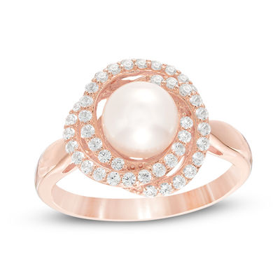Freshwater Cultured Pearl and Lab-Created White Sapphire Frame Ring in Sterling Silver and 14K Rose Gold Plate - Size 7