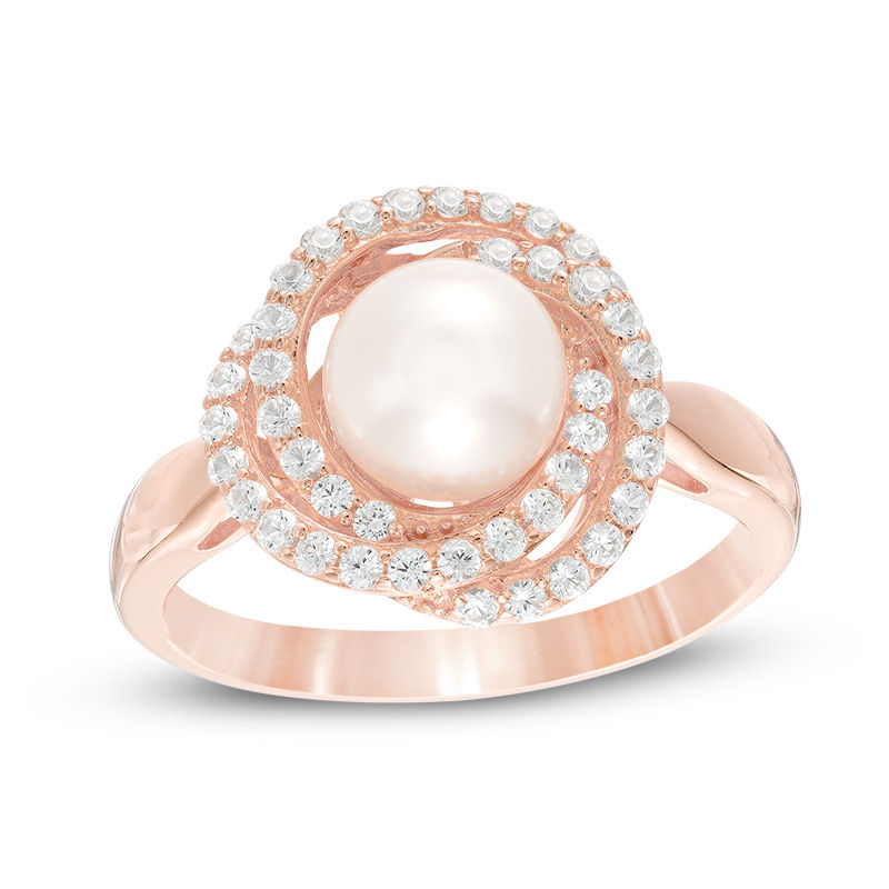 Cultured Freshwater Pearl and Lab-Created White Sapphire Frame Ring in Sterling Silver and 14K Rose Gold Plate - Size 7