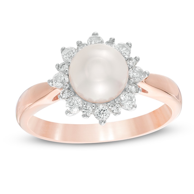 Cultured Freshwater Pearl and Lab-Created White Sapphire Frame Ring in Sterling Silver and 14K Rose Gold Plate - Size 7