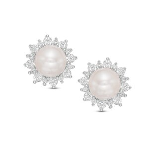 Freshwater Cultured Pearl and Lab-Created White Sapphire Frame Stud Earrings in Sterling Silver and 14K Rose Gold Plate