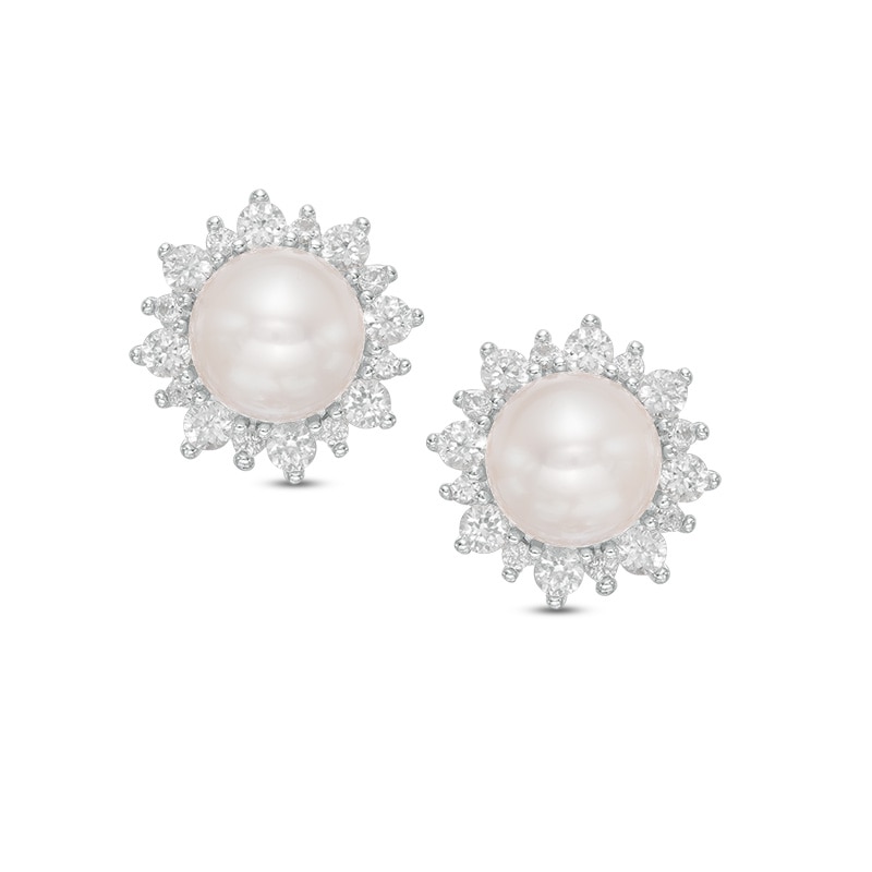 Freshwater Cultured Pearl and Lab-Created White Sapphire Frame Stud Earrings in Sterling Silver and 14K Rose Gold Plate