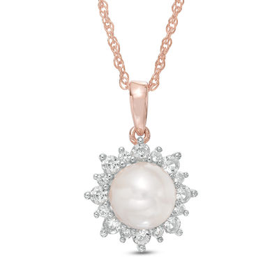Freshwater Cultured Pearl and Lab-Created White Sapphire Sunburst Pendant in Sterling Silver and 14K Rose Gold Plate