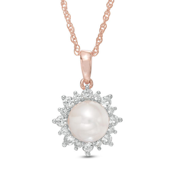 Cultured Freshwater Pearl and Lab-Created White Sapphire Sunburst Pendant in Sterling Silver and 14K Rose Gold Plate