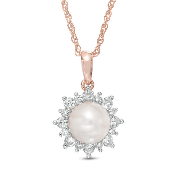 Freshwater Cultured Pearl and Lab-Created White Sapphire Sunburst Pendant in Sterling Silver and 14K Rose Gold Plate