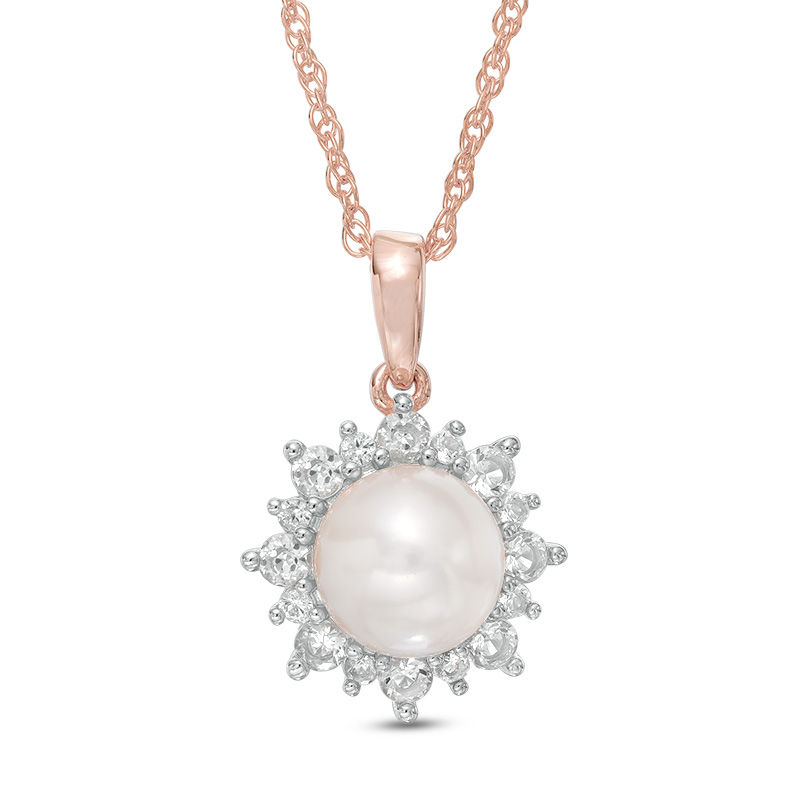 Main Image 1 of Freshwater Cultured Pearl and Lab-Created White Sapphire Sunburst Pendant in Sterling Silver and 14K Rose Gold Plate