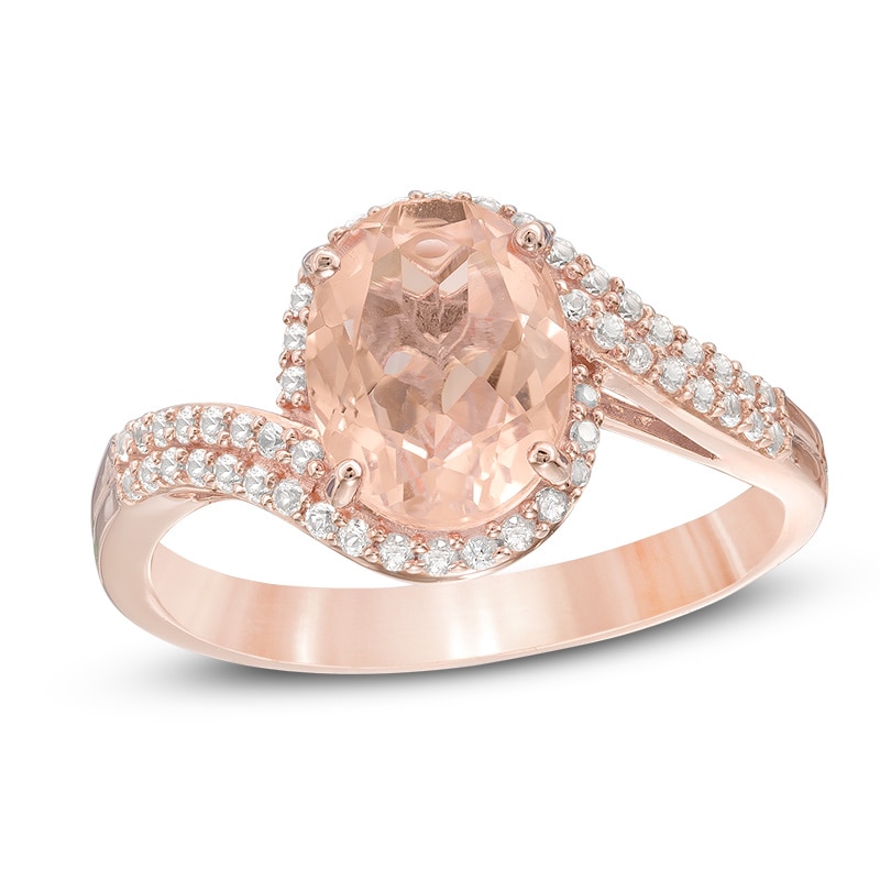 Oval Pink Quartz Triplet and Lab-Created White Sapphire Bypass Ring in Sterling Silver and 14K Rose Gold Plate - Size 7