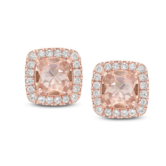 Pink Quartz Triplet and Lab-Created White Sapphire Frame Stud Earrings in Sterling Silver and 14K Rose Gold Plate
