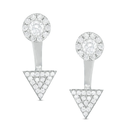 Cubic Zirconia Circle Stud Earrings with Triangle Drop Jackets Set in Sterling Silver
