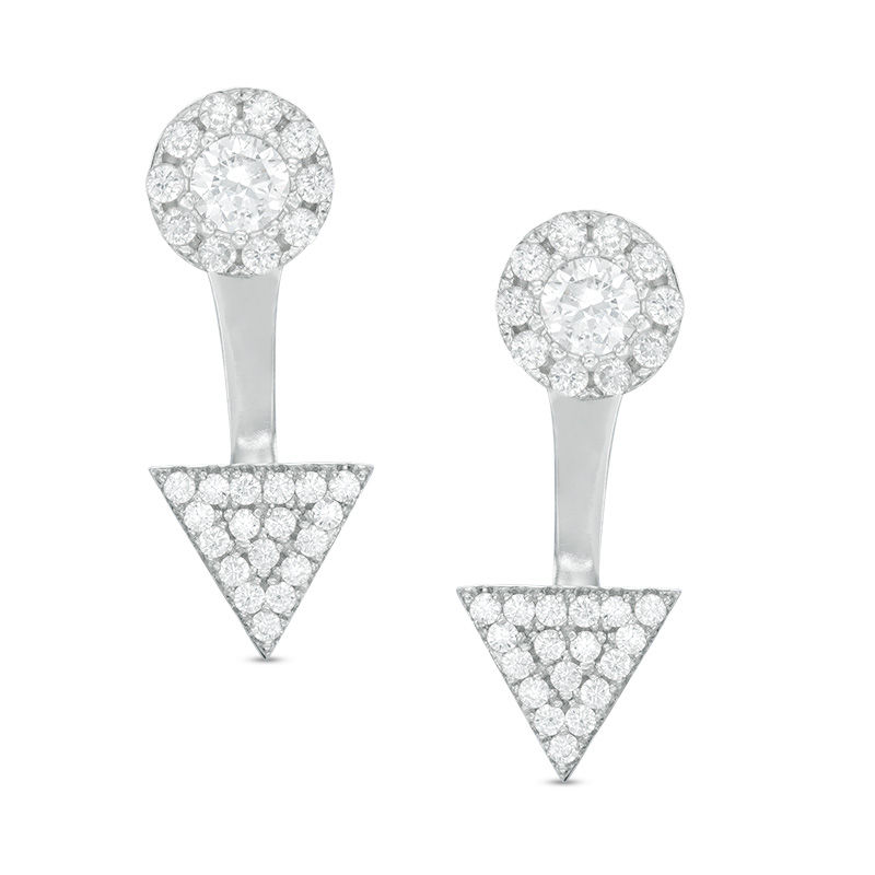 Cubic Zirconia Circle Stud Earrings with Triangle Drop Jackets Set in Sterling Silver