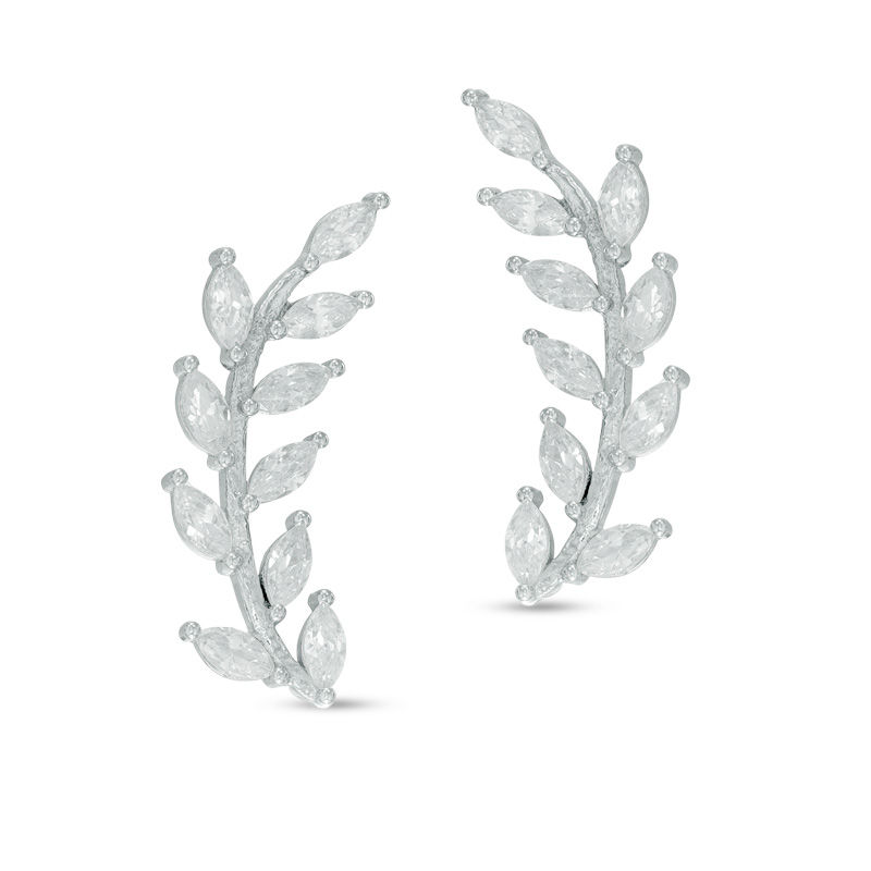 Main Image 1 of Cubic Zirconia Branch with Leaves Crawler Earrings in Sterling Silver