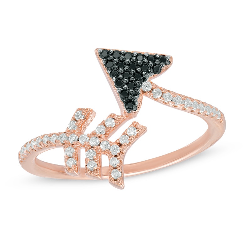Black and White Cubic Zirconia Arrow Wrap Ring in Sterling Silver with 14K Rose Gold Plate - Size 7