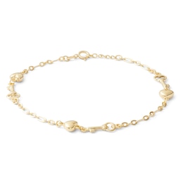 Hollow Puff Heart and Key Link Bracelet in 10K Solid Gold - 7.5&quot;