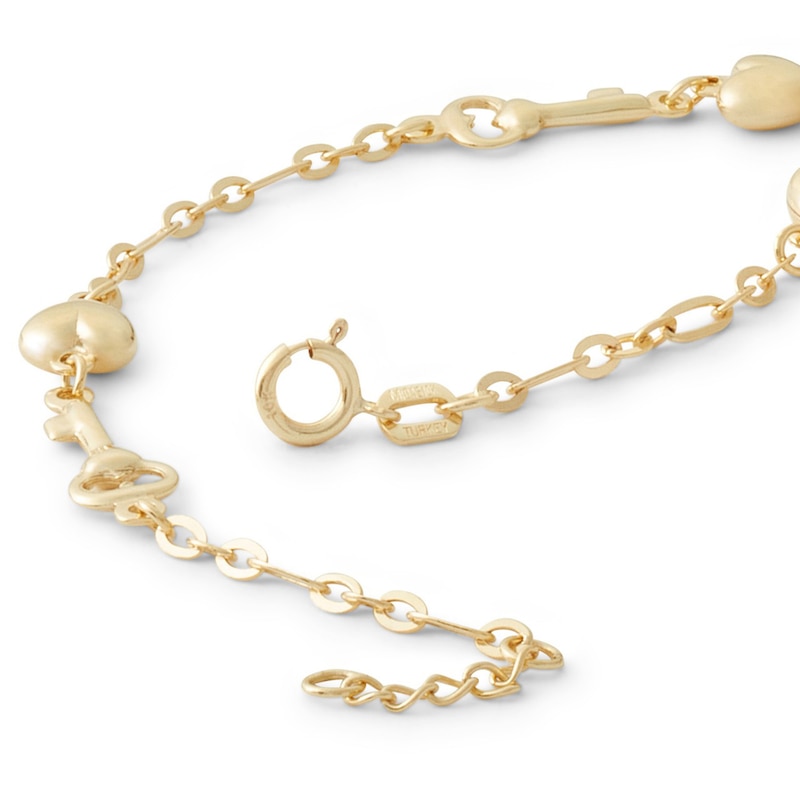 Hollow Puff Heart and Key Link Bracelet in 10K Solid Gold - 7.5"