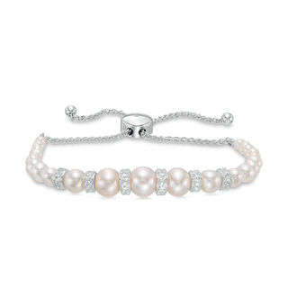 3.0-8.0mm Freshwater Cultured Pearl and Lab-Created White Sapphire Bolo Bracelet in Sterling Silver - 9"
