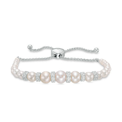 3.0-8.0mm Freshwater Cultured Pearl and Lab-Created White Sapphire Bolo Bracelet in Sterling Silver - 9"
