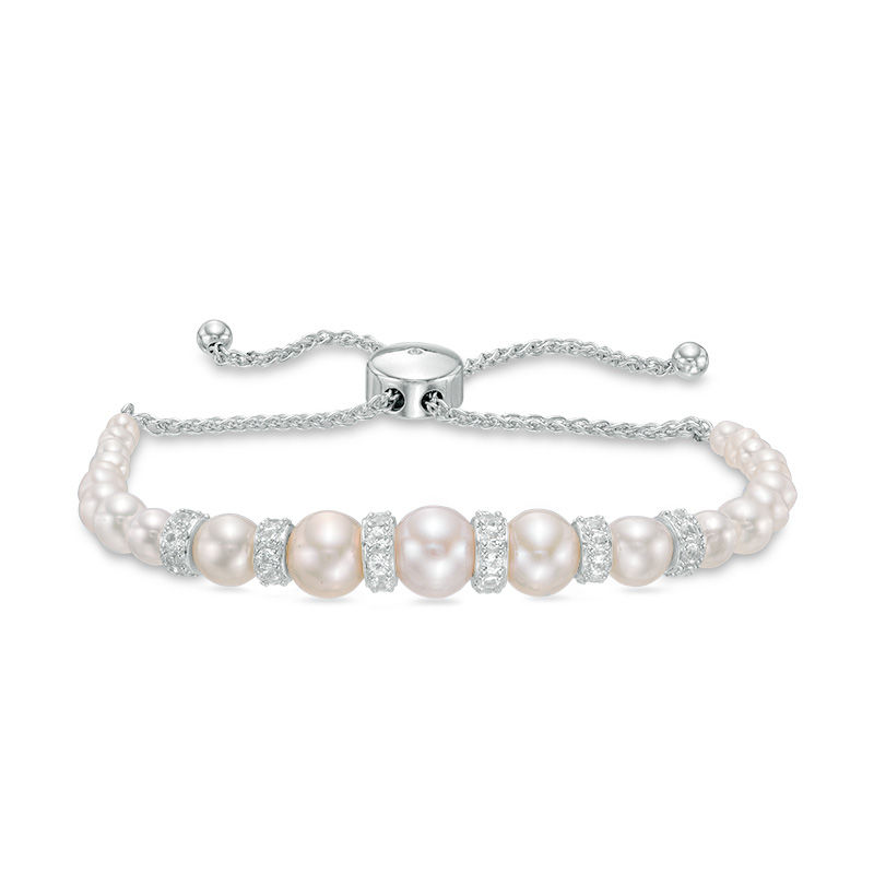 Main Image 1 of 3.0-8.0mm Freshwater Cultured Pearl and Lab-Created White Sapphire Bolo Bracelet in Sterling Silver - 9"