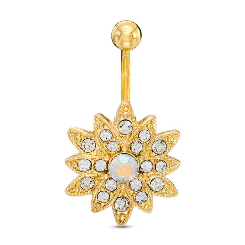 Main Image 1 of 014 Gauge 5mm Iridescent and White Cubic Zirconia Flower Belly Button Ring in Stainless Steel with Yellow IP