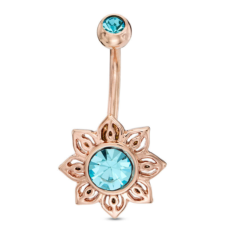 Main Image 1 of 014 Gauge 7mm Blue Cubic Zirconia Filigree Flower Belly Button Ring in Stainless Steel with Rose IP
