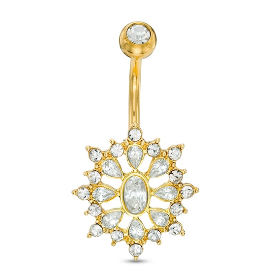 014 Gauge Cubic Zirconia Sunburst Belly Button Ring in Stainless Steel with Yellow IP