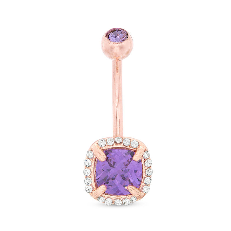 Main Image 1 of 014 Gauge Cushion-Cut Purple Cubic Zirconia Frame Curved Belly Button Ring in Stainless Steel with Rose IP