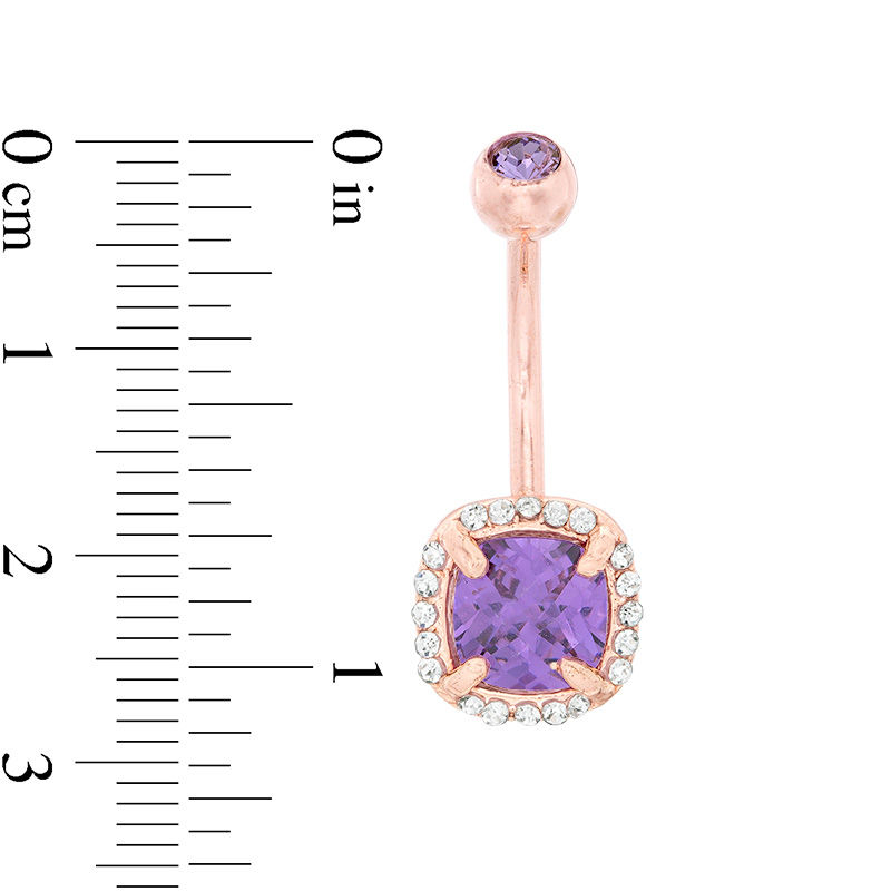 014 Gauge Cushion-Cut Purple Cubic Zirconia Frame Curved Belly Button Ring in Stainless Steel with Rose IP