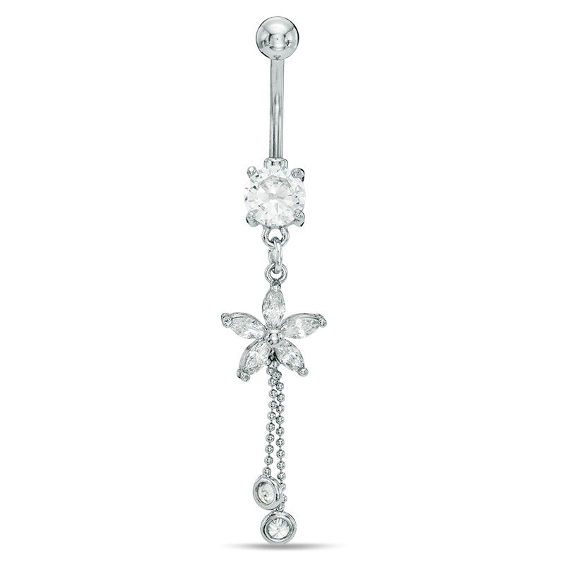 Main Image 1 of 014 Gauge Cubic Zirconia Flower Dangle Belly Button Ring in Stainless Steel
