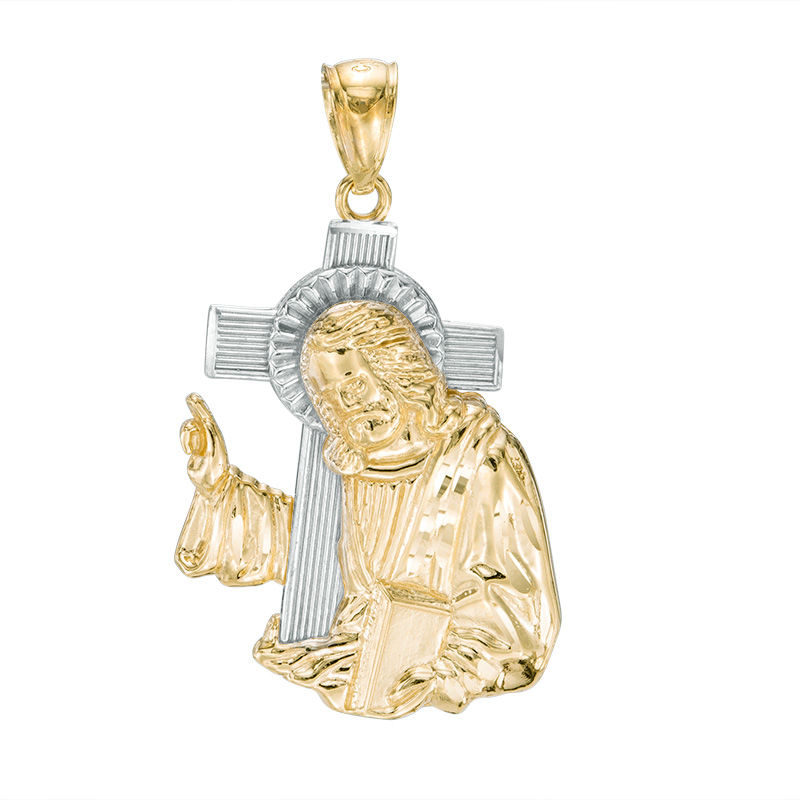 Praying Jesus with Diamond-Cut Cross Two-Tone Necklace Charm in 10K Gold