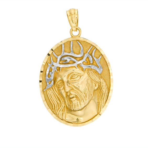 Jesus with Crown of Thorns Diamond-Cut Oval Two-Tone Necklace Charm in 10K  Gold